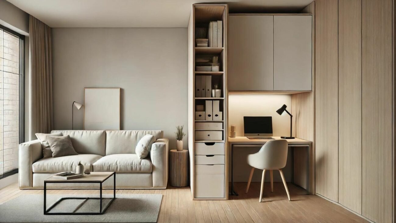 Ein minimalistisches Bild eines stilvollen Wohnzimmers mit einem kleinen, clever eingerichteten Arbeitsbereich. Der Arbeitsbereich befindet sich in einer Ecke oder hinter einem Sofa und wird durch einen einfachen, stilvollen Raumteiler getrennt. Der Arbeitsbereich umfasst multifunktionale Möbel, wie einen eleganten Schreibtisch, der auch als Esstisch dienen kann. Das Design ist modern und minimalistisch, mit neutralen Farben und weicher Beleuchtung, was eine produktive und gemütliche Atmosphäre schafft, ohne den Raum zu überladen.