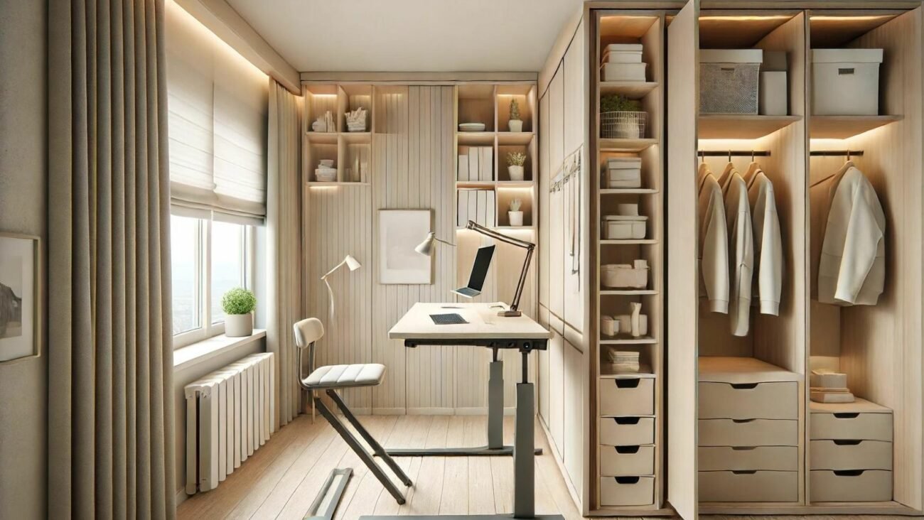 Ein minimalistisches Bild eines kleinen Arbeitsplatzes mit multifunktionalen Möbeln. Der Raum enthält einen wandmontierten, klappbaren Schreibtisch, der bei Nichtgebrauch hochgeklappt werden kann. Neben dem Schreibtisch befinden sich schmale Regale und hängende Aufbewahrungslösungen zur Platzersparnis. Das Bild zeigt auch ein „Cloffice“ (Schrankbüro), bei dem ein kompaktes Büro in einen Schrank integriert ist, mit Organisationssystemen und guter Beleuchtung. Zusätzlich gibt es einen höhenverstellbaren Schreibtisch, der sich nahtlos in die moderne Einrichtung einfügt. Das Design ist modern und funktional, mit neutralen Farben und weicher Beleuchtung.