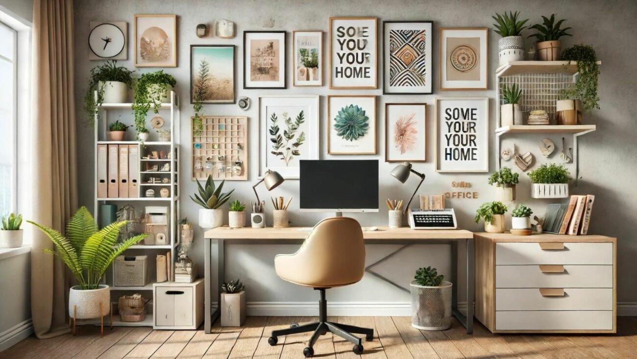 Ein stilvolles Home-Office, das Ästhetik und Funktionalität kombiniert. Der Arbeitsbereich ist personalisiert mit inspirierenden Farben und persönlichen Akzenten wie Fotos, Kunstwerken und Pflanzen. Das Design folgt einem minimalistischen, skandinavischen Thema mit klaren Linien und neutralen Farben, was eine ruhige Arbeitsatmosphäre schafft. Pflanzen wie Sukkulenten und Farne verbessern das Raumklima. Dekorative Elemente wie Bilderrahmen, Wanddekorationen und inspirierende Zitate verleihen dem Raum Persönlichkeit. Technologische Integration umfasst smarte Beleuchtungssysteme und kabellose Geräte für ein aufgeräumtes Setup. Ergonomische Gadgets wie ein Laptop-Ständer und eine ergonomische Tastatur und Maus fördern Gesundheit und Produktivität. Der Gesamteindruck ist modern und funktional mit einem Hauch von persönlichem Stil.