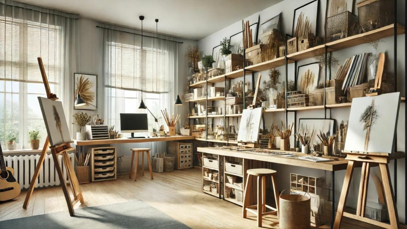 Ein stilvolles und inspirierendes Home-Office, gestaltet als Künstler-Atelier. Der Raum verfügt über große Arbeitstische, Staffeleien und viel Stauraum für Materialien und Werkzeuge. Große Fenster lassen viel natürliches Licht herein, ideal für kreative Tätigkeiten. Offene Regale und Aufbewahrungskörbe sorgen für eine organisierte und zugleich kreative Umgebung. Das Design ist modern und funktional mit einem künstlerischen Flair, das Kreativität und Produktivität fördert.