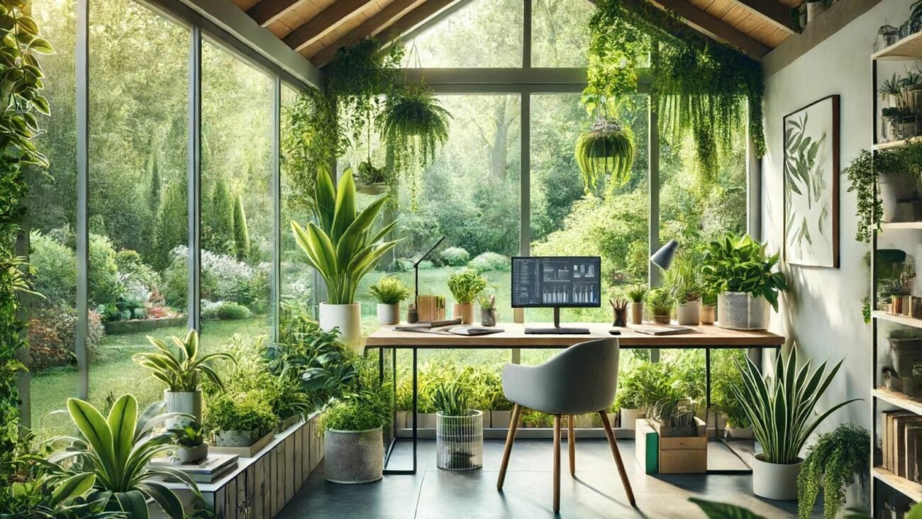 Ein ruhiges und inspirierendes Home-Office mit Blick auf einen üppigen Garten. Der Arbeitsbereich befindet sich in einem Wintergarten oder in der Nähe eines großen Fensters. Viele Pflanzen schaffen eine grüne und beruhigende Umgebung. Der Schreibtisch ist so positioniert, dass er vom natürlichen Licht und der frischen Luft des offenen Fensters profitiert. Die Möbel sind aus nachhaltigen Materialien gefertigt, und die Beleuchtung besteht aus energieeffizienten LED-Lampen. Das Design ist modern und umweltfreundlich, mit dem Fokus auf einer produktiven und angenehmen Arbeitsatmosphäre.