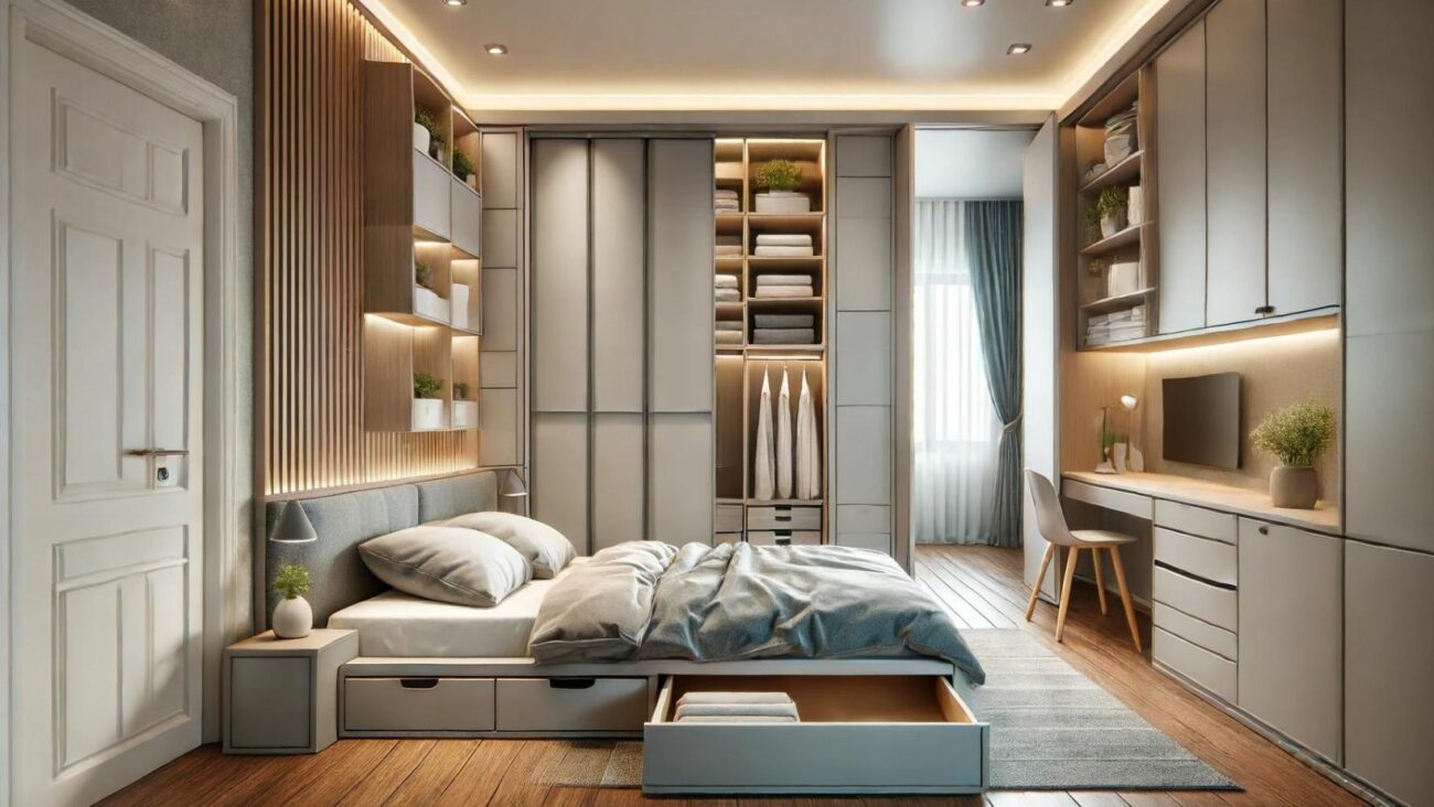 Ein realistisches Bild eines stilvollen Schlafzimmers mit multifunktionalen Möbeln. Der Raum verfügt über ein Bett mit eingebauten Schubladen für zusätzlichen Stauraum, ein modulares Schranksystem und einen ausklappbaren Schreibtisch, der sowohl zum Arbeiten als auch zum Essen genutzt werden kann. Das Design kombiniert moderne, minimalistische Elemente mit einem Hauch von rustikalem Charme. Hochwertige, langlebige Materialien werden verwendet, und eine weiche Beleuchtung verstärkt die funktionale und ästhetisch ansprechende Atmosphäre des Raumes.