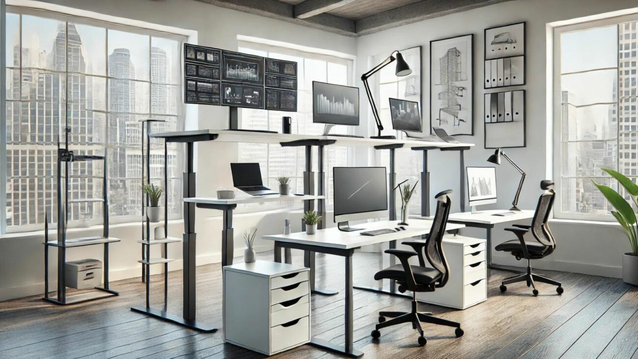 Ein Foto, das ergonomische Schreibtische zeigt, darunter höhenverstellbare Schreibtische, Schreibtische mit Kabelmanagement und ergonomische Eckschreibtische. Der Arbeitsplatz ist sauber und organisiert, mit natürlichem Licht und einem minimalistischen Design. Das Bild betont die Funktionalität und Vorteile dieser ergonomischen Lösungen, wie die Möglichkeit zwischen Sitzen und Stehen zu wechseln, ordentliches Kabelmanagement und effiziente Raumnutzung. 