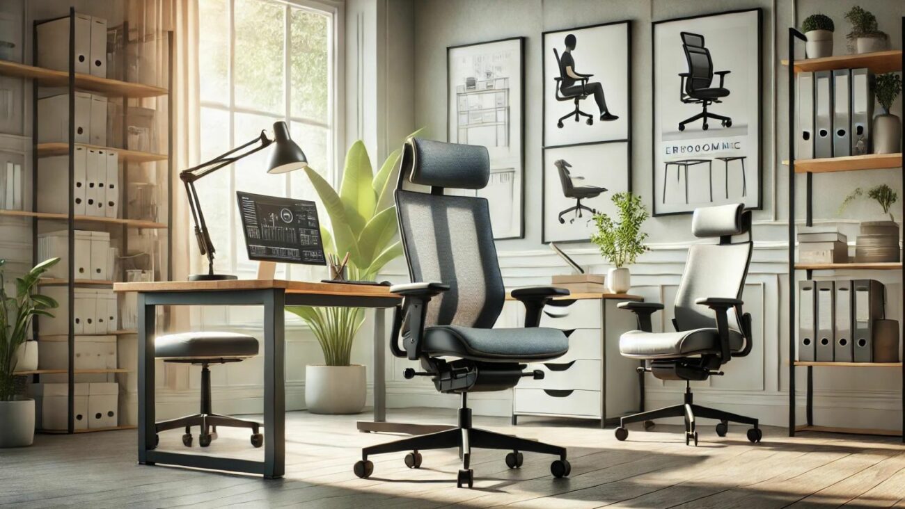 Ein Foto, das ergonomische Bürostühle zeigt, darunter verstellbare Bürostühle, ergonomische Hocker und spezialisierte Stühle für lange Arbeitsstunden. Der Arbeitsplatz ist sauber und organisiert, mit natürlichen Lichtquellen und einem minimalistischen Design. Zu sehen sind Stühle mit verstellbaren Funktionen wie Sitzhöhe, Rückenlehne, Lendenwirbelstütze und Armlehnen 