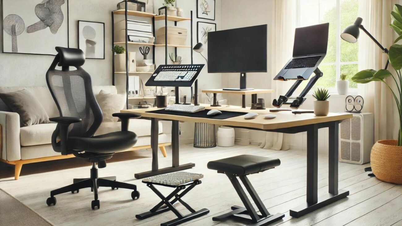 Ein Foto, das ergonomische Büroaccessoires zeigt, darunter Monitorständer, ergonomische Tastaturen und Mäuse, Fußstützen und Laptop-Ständer. Der Arbeitsplatz ist sauber und organisiert, mit natürlichem Licht und einem minimalistischen Design. Das Bild betont die ergonomischen Vorteile dieser Accessoires und die funktionalen sowie ästhetischen Aspekte eines ergonomischen Home Office. 