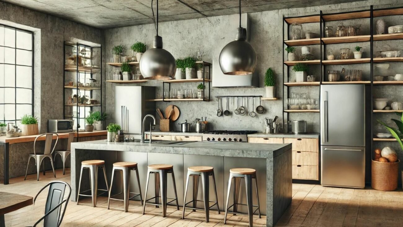 Ein Foto einer Küche im Industrial Chic Stil. Die Küche verfügt über Edelstahlgeräte, offene Regale aus Metall und Holz sowie eine Betonarbeitsplatte. Große Pendelleuchten hängen über der Kücheninsel, und Metallhocker komplettieren den Look. Die Farbpalette ist neutral mit Akzenten durch grüne Pflanzen. Die Umgebung reflektiert ein sauberes, minimalistisches Arrangement mit freiliegenden rohen Materialien wie Metall, Beton, Holz und Glas.
