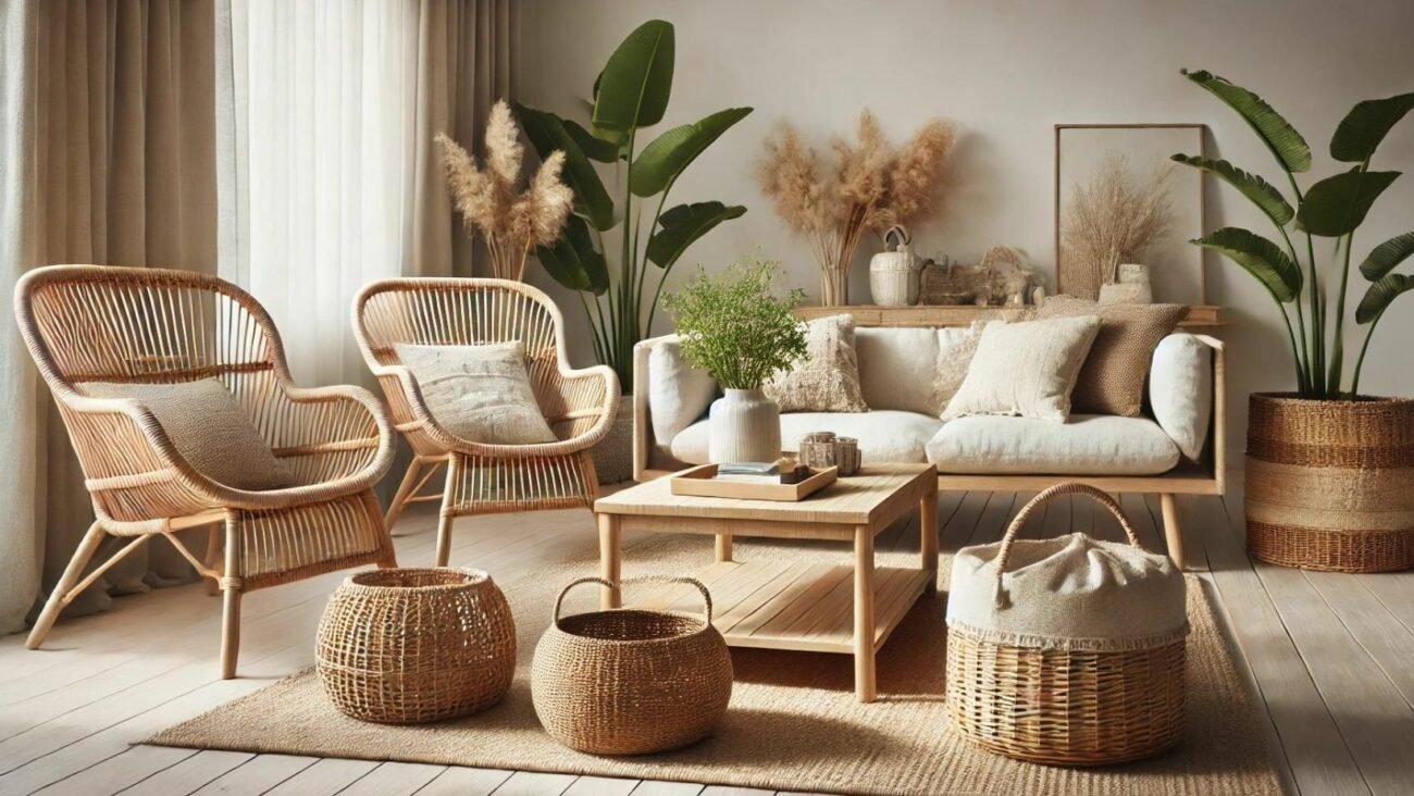 Ein Foto, das die Integration von Rattan- und Korbmöbeln in einem modernen Zuhause zeigt. Zu sehen sind Möbelstücke aus natürlichen Materialien wie Rattanstühle, ein Korb-Kaffeetisch und Körbe. Das Setting ist ein gemütliches und einladendes Wohnzimmer mit neutralen Tönen, weichen Textilien und Pflanzen, um die natürliche Atmosphäre zu verstärken. Der Hintergrund ist sauber und minimalistisch, um den Fokus auf die Möbel zu lenken. 