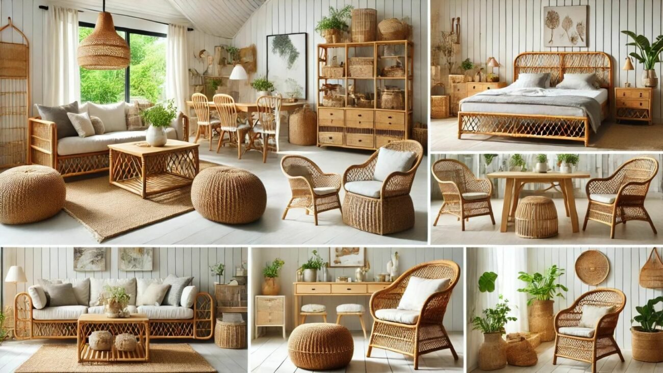 Ein Foto, das Rattan- und Korbmöbel in verschiedenen Wohnbereichen zeigt. Es umfasst ein gemütliches Wohnzimmer mit einem Rattansofa und Korbsesseln mit Kissen, ein Schlafzimmer mit einem Rattanbettgestell und einem Korbnachttisch, ein einladendes Esszimmer mit einem Rattan-Esstisch und Stühlen, ein Badezimmer mit Korbwäschekörben und Regalen, und einen Außenbereich mit Rattansofas und -stühlen. Die Umgebung ist sauber und einladend, mit neutralen Tönen und Grünpflanzen, um den natürlichen Look zu verstärken. 