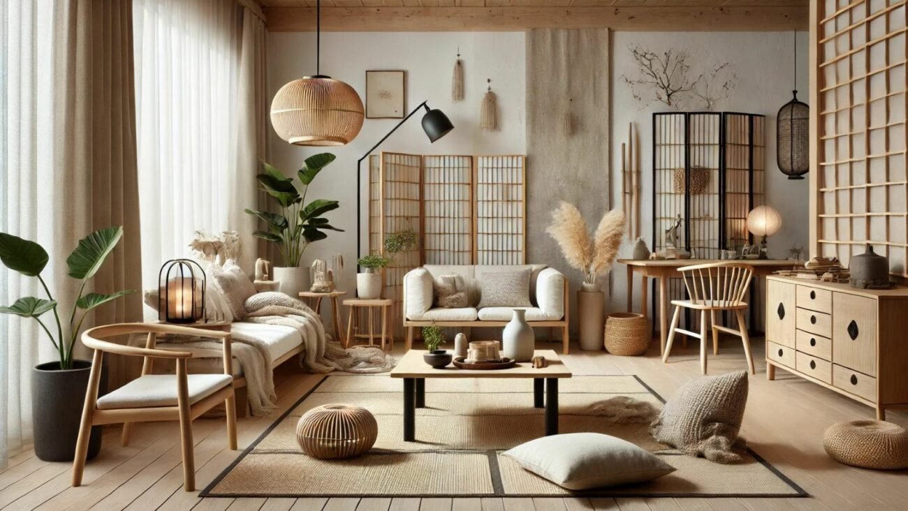 Ein Foto, das den Japandi-Stil in einem modernen Wohnzimmer zeigt. Die Szene umfasst Elemente des japanischen Minimalismus und des skandinavischen Designs, wie klare Linien, natürliche Materialien und eine neutrale Farbpalette. Zu sehen sind eine Mischung aus Möbeln wie ein niedriger Holztisch, einfache Stühle, weiche Textilien und Pflanzen. Traditionelle japanische Elemente wie Tatami-Matten und Shoji-Wände sind neben skandinavischen Elementen wie gemütlichen Decken und Holzdekorationen integriert. Das Setting ist ruhig und einladend und spiegelt eine harmonische Kombination beider Stile wider.
