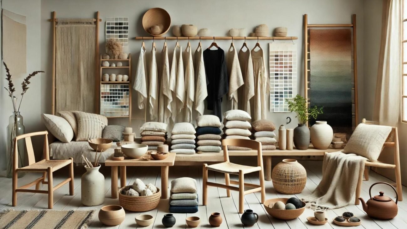 Ein Foto, das die Farben und Materialien des Japandi-Stils zeigt. Zu sehen sind neutrale Töne wie Weiß, Beige, Grau und Schwarz, mit Akzenten in gedeckten Farben wie Dunkelblau, Grün oder Erdtönen. Natürliche Materialien wie helles und dunkles Holz, Bambus, Leinen, Baumwolle und Keramik sind ebenfalls zu sehen. Die Szene umfasst eine Mischung aus Möbeln wie einen niedrigen Holztisch, einfache Stühle, weiche Textilien und handgefertigte Keramikstücke. Das Setting ist ruhig und einladend und reflektiert die Einfachheit und Eleganz des Japandi-Stils.
