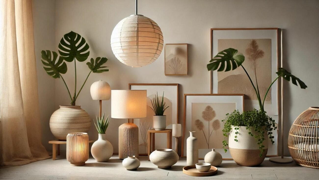 Ein Foto, das Dekoration und Accessoires im Japandi-Stil zeigt. Zu sehen sind sanfte, warme Beleuchtung mit Papierlampen und einfachen Steh- und Tischlampen. Pflanzen wie Sukkulenten, Farne oder Monstera in schlichten Töpfen oder Körben aus natürlichen Materialien sind ebenfalls vorhanden. Minimalistische Kunstwerke mit abstrakten oder Naturmotiven sowie Keramikvasen, handgefertigte Schalen und kleine Skulpturen ergänzen das Bild. Das Setting ist sauber und minimalistisch und reflektiert die Einfachheit und Eleganz des Japandi-Stils.

