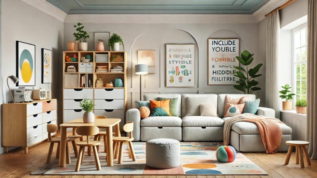 Ein familienfreundliches Wohnzimmer mit robusten und stilvollen Möbeln. Zu sehen sind ein stabiler Holzesstisch mit abgerundeten Ecken, ein langlebiges Mikrofaser-Sofa mit waschbaren Bezügen und multifunktionale Möbel mit verstecktem Stauraum. Das Design ist minimalistisch und zeitlos, mit freundlichen Farbakzenten, darunter ein farbenfroher Teppich, verspielte Kissen und dezente Farbdetails an den Wänden und Dekorationen. Möbel für Familienleben.