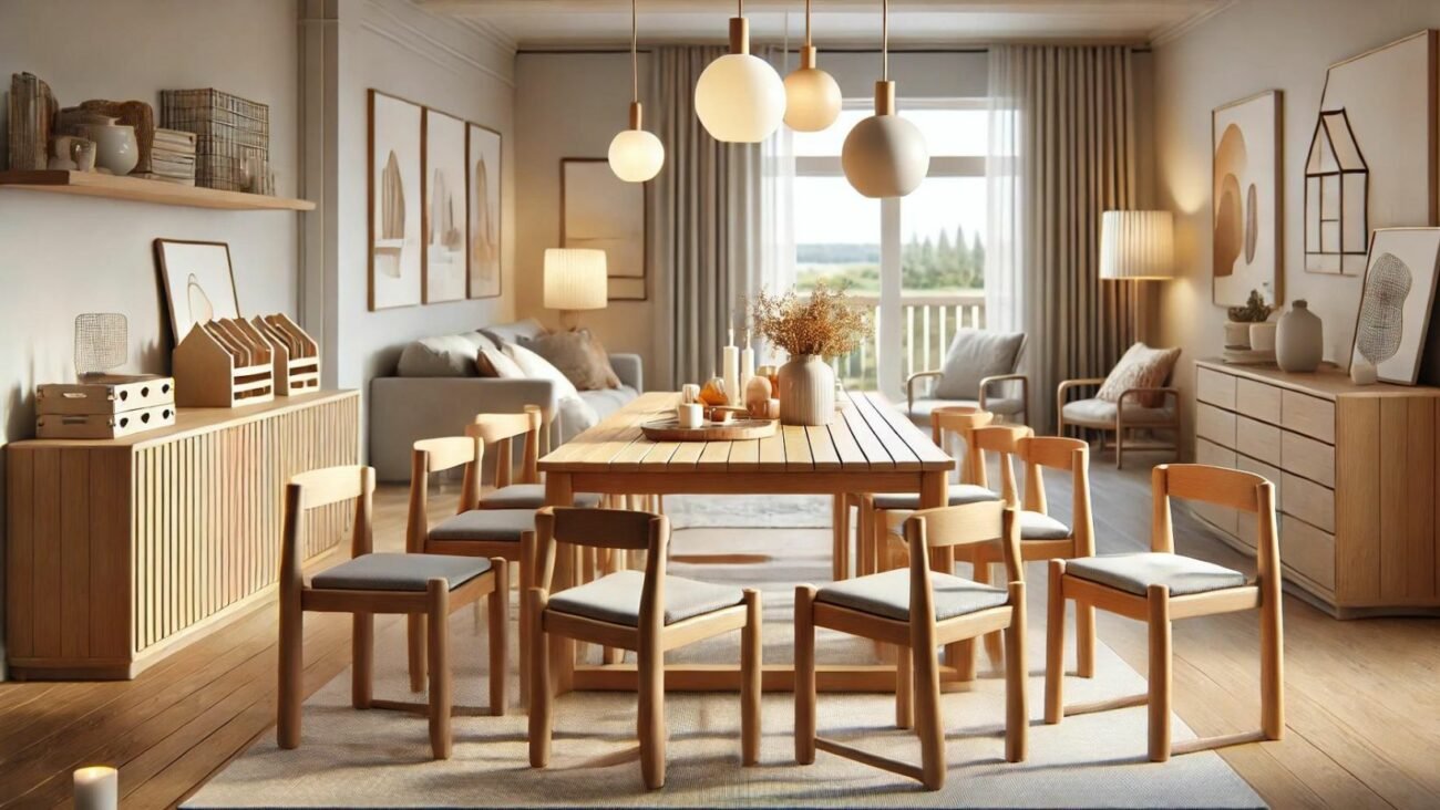 Ein familienfreundlicher Essbereich mit einem stabilen Holzesstisch und langlebigen, komfortablen Stühlen. Die Möbel sind pflegeleicht und haben Oberflächen, die leicht zu reinigen sind, ideal für Haushalte mit Kindern. Der Raum ist praktisch gestaltet, mit einem ausziehbaren Tisch und stapelbaren Stühlen, in einem warmen und einladenden Ambiente mit weichen Farbakzenten und einem minimalistischen Design. 