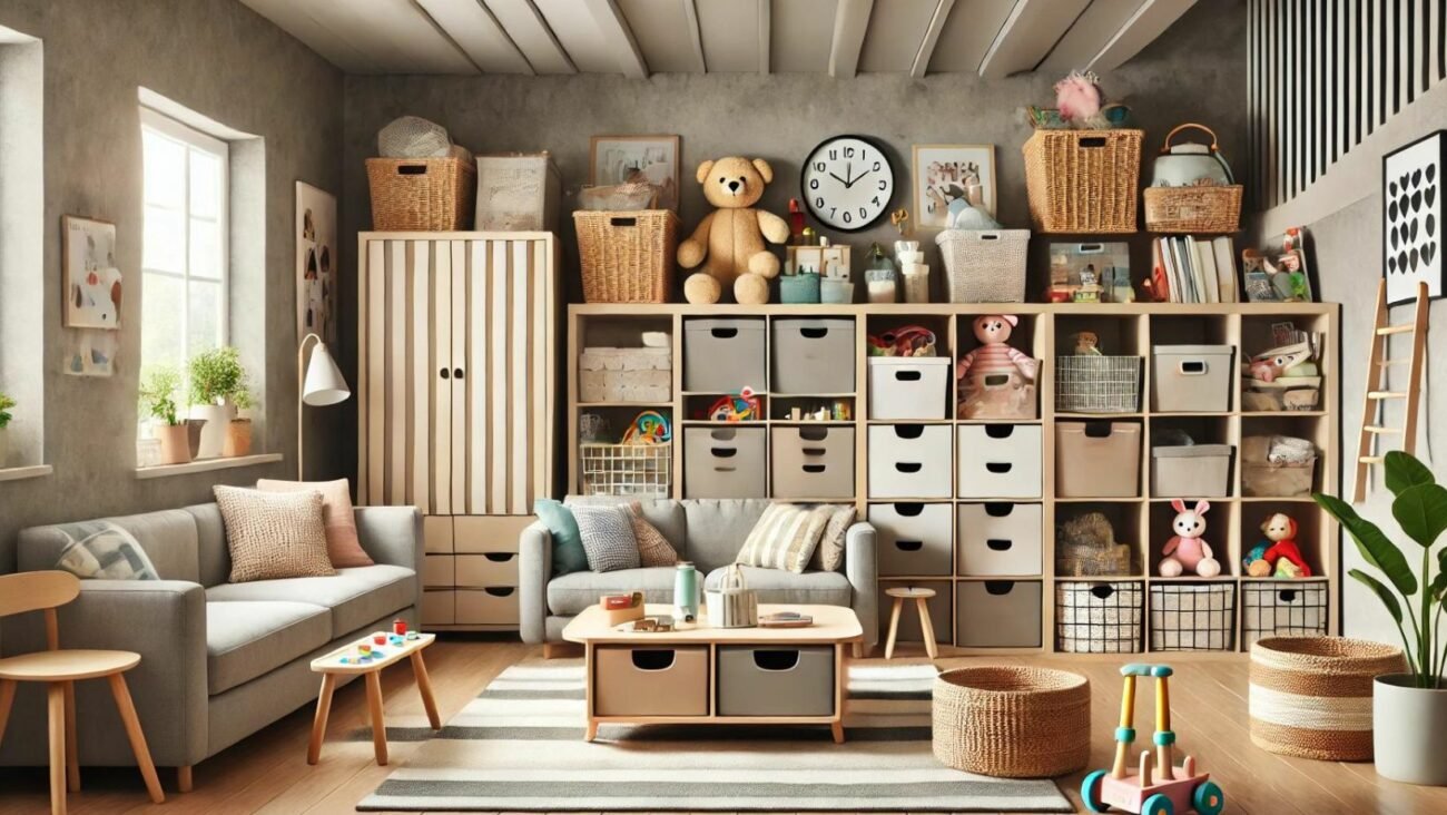 Ein familienfreundlicher Wohnbereich mit intelligenten Stauraumlösungen. Zu sehen sind multifunktionale Möbel wie Truhen, Regale mit Schubladen und ein Couchtisch mit integriertem Stauraum. Der Raum ist sauber und organisiert, mit Körben und Kisten für einfachen Zugriff, sowie strapazierfähigen, leicht zu reinigenden Textilien wie Teppichen und Kissen. Das Design ist praktisch, stilvoll und kindgerecht. 