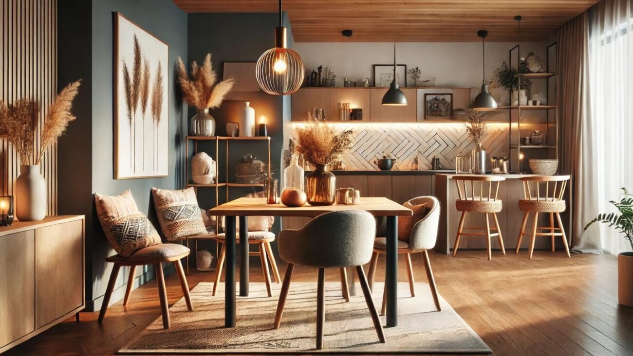 Ein Bild einer gemütlichen und stilvollen Essecke in einem modernen Zuhause. Zu sehen sind ein gut gestalteter Esstisch mit bequemen Stühlen, eine einladende Atmosphäre mit weicher Beleuchtung und dekorative Elemente wie Kissen, ein kleiner Teppich und Wandkunst. Die Szene zeigt einen multifunktionalen Raum, der zum Essen, geselligen Beisammensein und gelegentlichem Home-Office-Arbeiten einlädt. Essecke