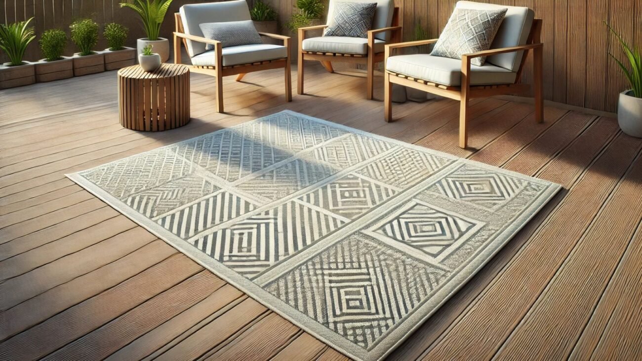 Ein hellfarbiger, geometrisch gemusterter Teppich liegt auf einem Holzdeck, umgeben von minimalistischen Outdoor-Möbeln mit Holzrahmen und weißen Kissen. Die natürliche Beleuchtung und die grüne Pflanze neben den Stühlen schaffen eine gemütliche und einladende Atmosphäre. Der Teppich hebt sich durch sein modernes, dezentes Muster hervor, ideal für den Einsatz sowohl im Innen- als auch im Außenbereich. Teppiche.