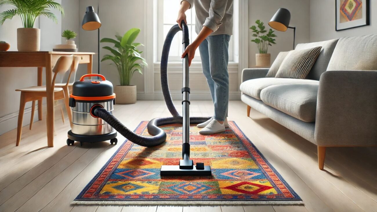 Person reinigt einen bunten Teppich in einem minimalistischen Wohnzimmer, wobei der Staubsaugerschlauch korrekt mit dem Gerät verbunden ist. Die Szene zeigt einen hellen Raum mit natürlichem Licht, einem kleinen Sofa und einem Couchtisch, während die Reinigung effizient durchgeführt wird. Der Fokus liegt auf der praktischen Pflege des Teppichs.