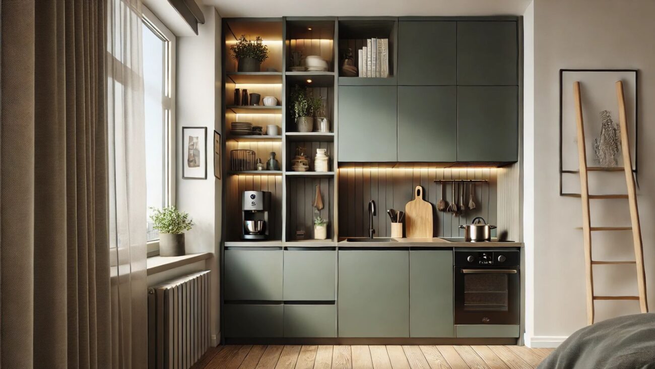 Kompakte, moderne Küche mit einer eleganten Küchenzeile in mattem Dunkelgrün und neutralen Tönen. Die Küche verfügt über platzsparende Hängeschränke, offene Regale und integrierte Stauraumlösungen. Durch den cleveren Einsatz von vertikalem Stauraum und natürlichem Licht entsteht eine gemütliche, funktionale Atmosphäre, ideal für kleine Räume.