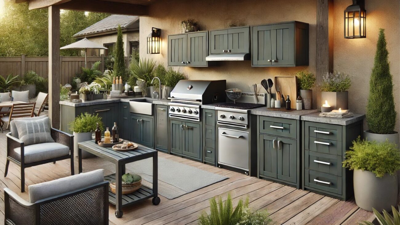 Outdoor-Küche auf einer Terrasse mit wetterfesten Küchenschränken in Anthrazit, Steingrau und Waldgrün. Die Outdoor-Küche umfasst eine Grillstation, kompakte Stauschränke und einen mobilen Küchenwagen für Grillutensilien und Getränke. Die Umgebung ist gemütlich mit Pflanzen und warmem Licht, ideal zum Kochen und geselligen Beisammensein im Freien.