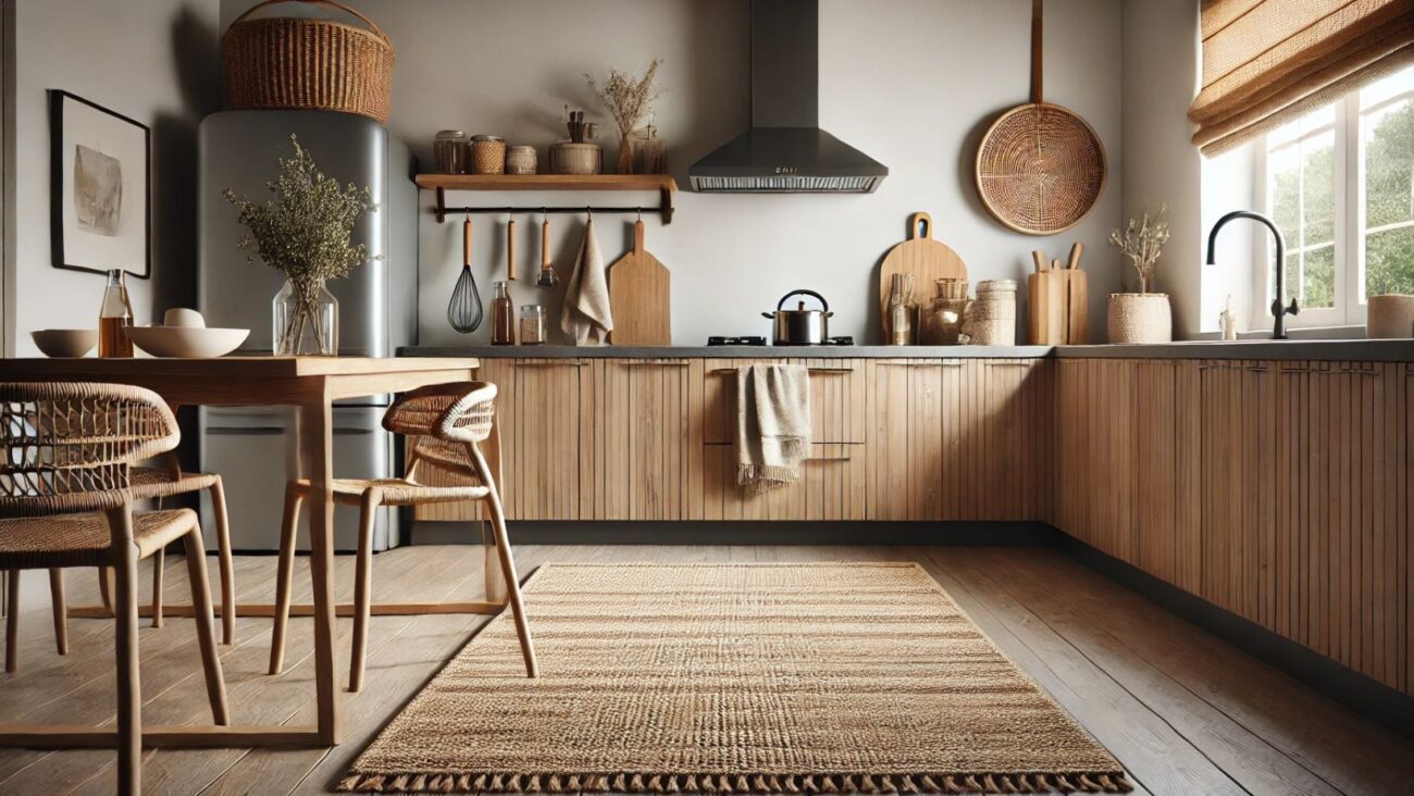 Kücheninspiration. Gemütliche Küche mit einem stilvollen Küchenteppich in neutralen Farbtönen, platziert nahe der Arbeitsfläche. Die Küche ist modern mit Holzakzenten und natürlichem Licht, wodurch eine warme, einladende Atmosphäre entsteht. Der Teppich verleiht Komfort und fügt sich harmonisch in das Design ein.