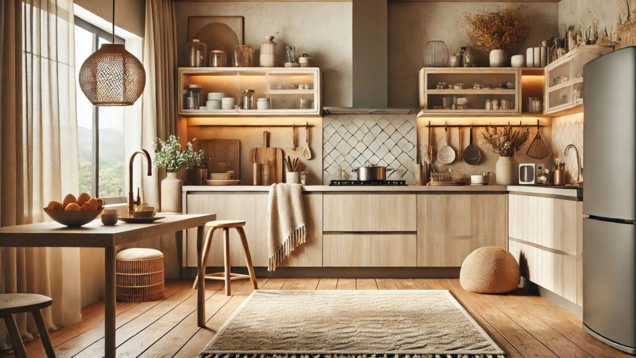 Einladende Küche mit einem Küchenteppich in neutralen Farbtönen nahe der Arbeitsfläche. Die Szene zeigt warme Holzakzente, weiches, natürliches Licht und moderne, matte Oberflächen. Die Mischung aus Holz und Stein verleiht der Küche eine stilvolle und gemütliche Atmosphäre, ideal für gemeinsames Kochen und Wohlfühlmomente.