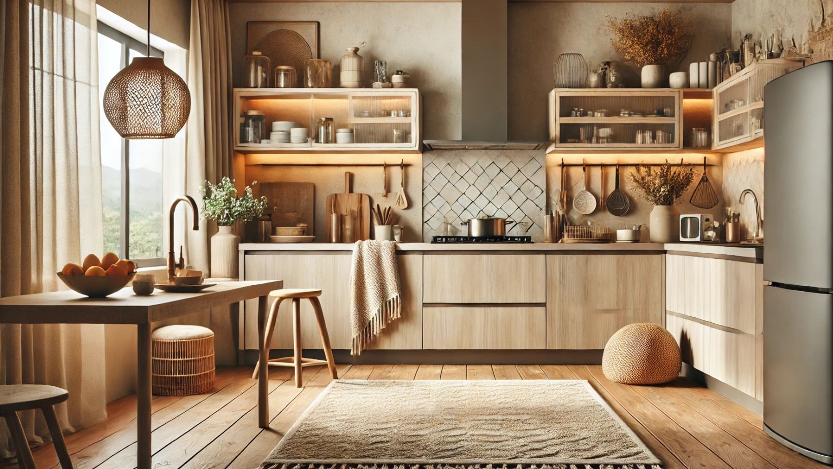 Einladende Küche mit einem Küchenteppich in neutralen Farbtönen nahe der Arbeitsfläche. Die Szene zeigt warme Holzakzente, weiches, natürliches Licht und moderne, matte Oberflächen. Die Mischung aus Holz und Stein verleiht der Küche eine stilvolle und gemütliche Atmosphäre, ideal für gemeinsames Kochen und Wohlfühlmomente.